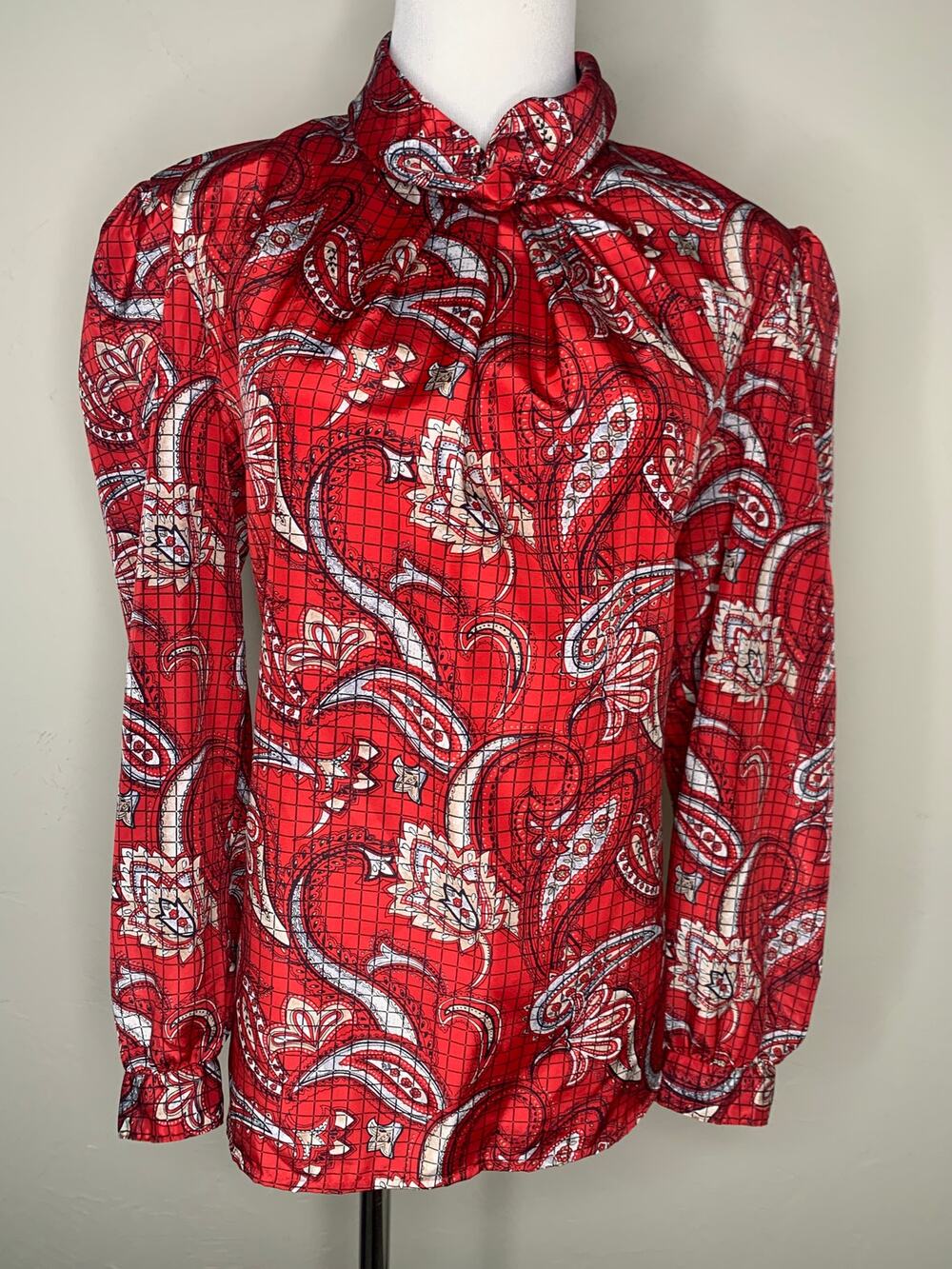 Vintage Red High Neck Paisley Black Blouse Sz ? Medium